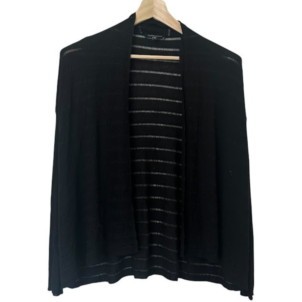 Eileen‎ Fisher Black Viscose Lightweight Open Front Knit Stripe Sweater L Petite